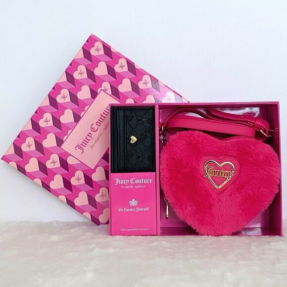 Juicy Couture Faux Fur Pink Heart Crossbody Bag & Black Card Case Wallet Set New - Picture 2 of 8